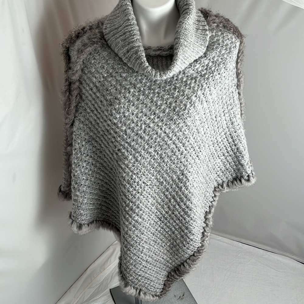 Love Token gray rabbit trimmed knit cowl neck poncho